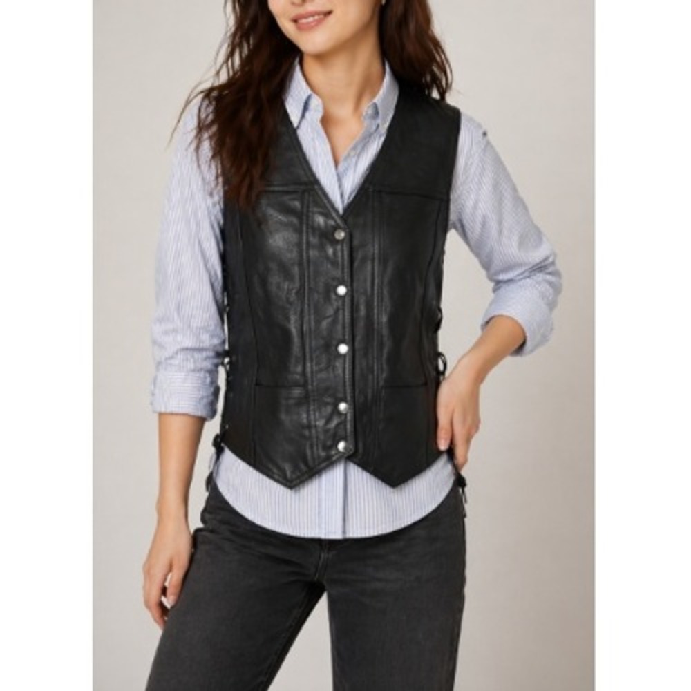 Dream Apparel Women's Black Leather 7 Pockets Side Laces Moto Vest Size L NWT